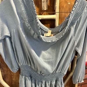 Off the shoulder long sleeve blue jean dress
